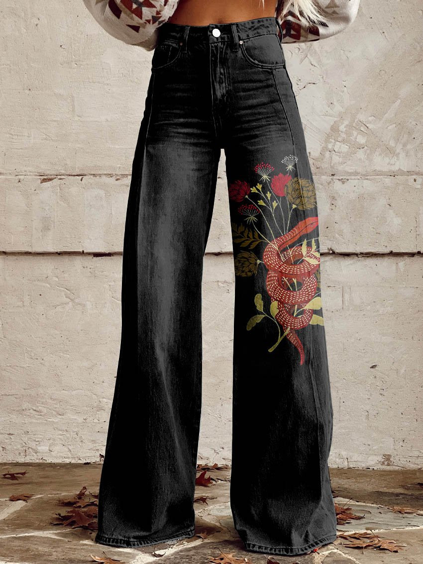 Women's Black Flowers and Snakes Print Casual Wide Leg Pants