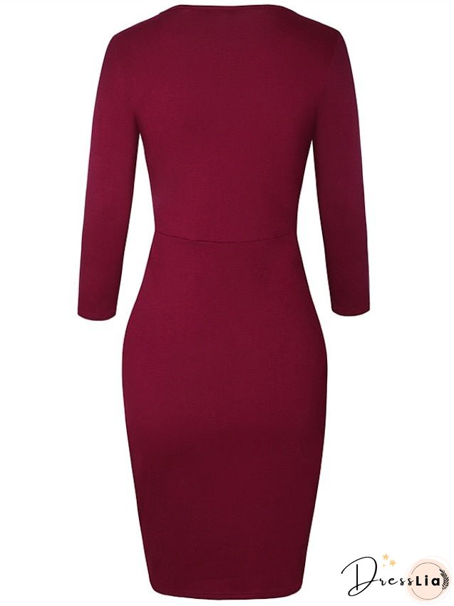 Bodycon Sheath Dress Church Dress Knee Length Dress Wine Dark Blue Long Sleeve Pure Color Ruched Fall Winter Crew Neck Stylish Winter Dress Fall Dress Slim S M L XL XXL 3XL 4XL 5XL for Women