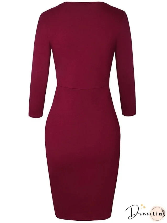 Bodycon Sheath Dress Church Dress Knee Length Dress Wine Dark Blue Long Sleeve Pure Color Ruched Fall Winter Crew Neck Stylish Winter Dress Fall Dress Slim S M L XL XXL 3XL 4XL 5XL for Women