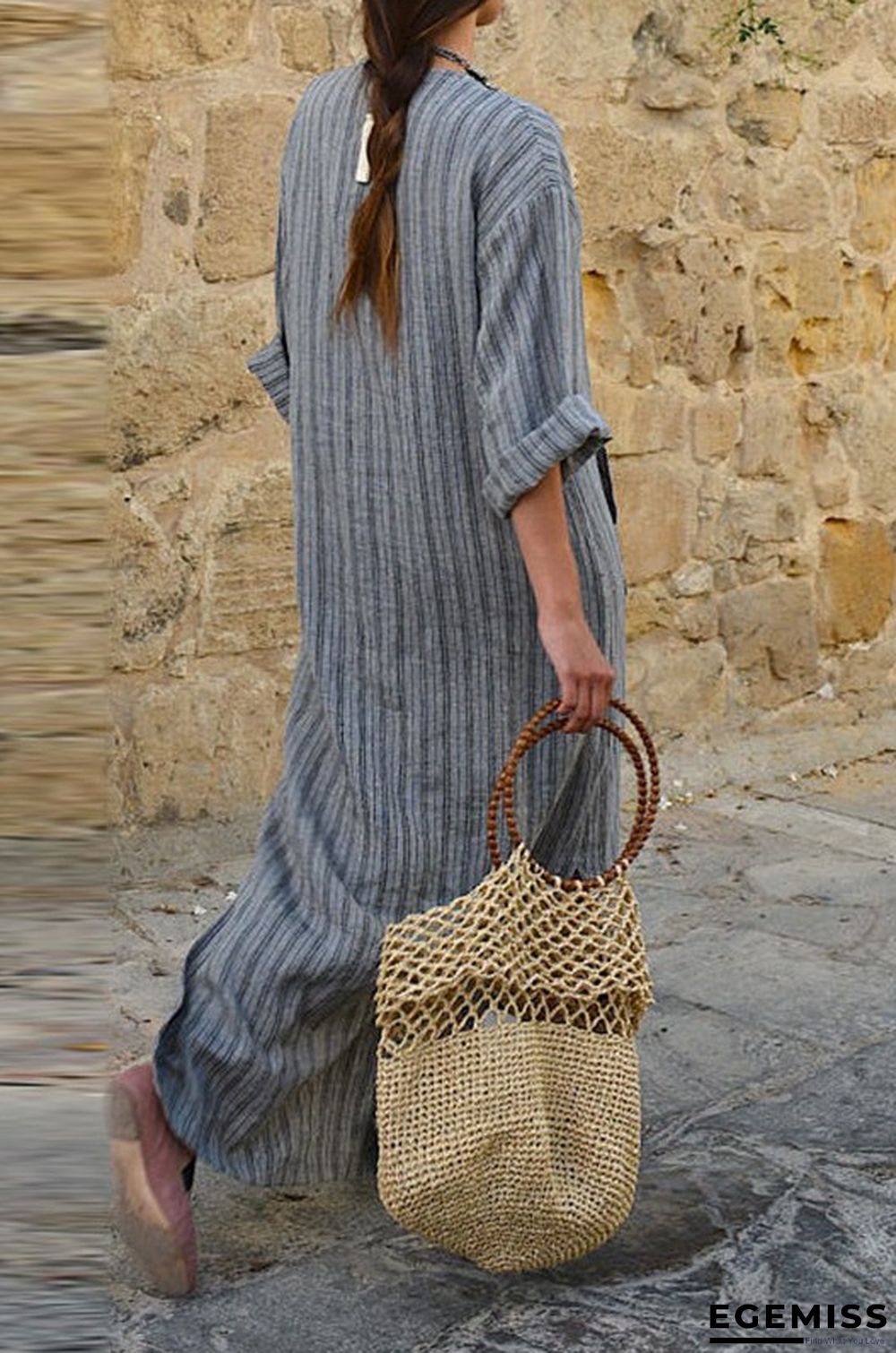 Cotton Pocket Yarn-dyed Loose Long Dress | EGEMISS