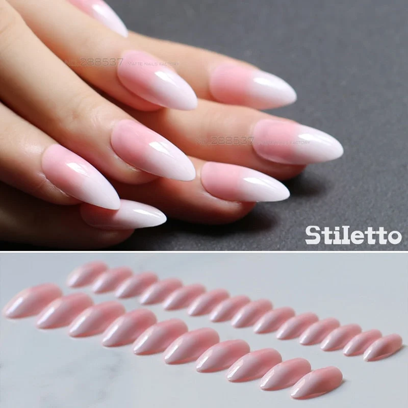 Jelly nude white gradient coffin fake nails stiletto nails lovely pink medium nature False nails Full Nail end product 24pcs-Nail Inspo