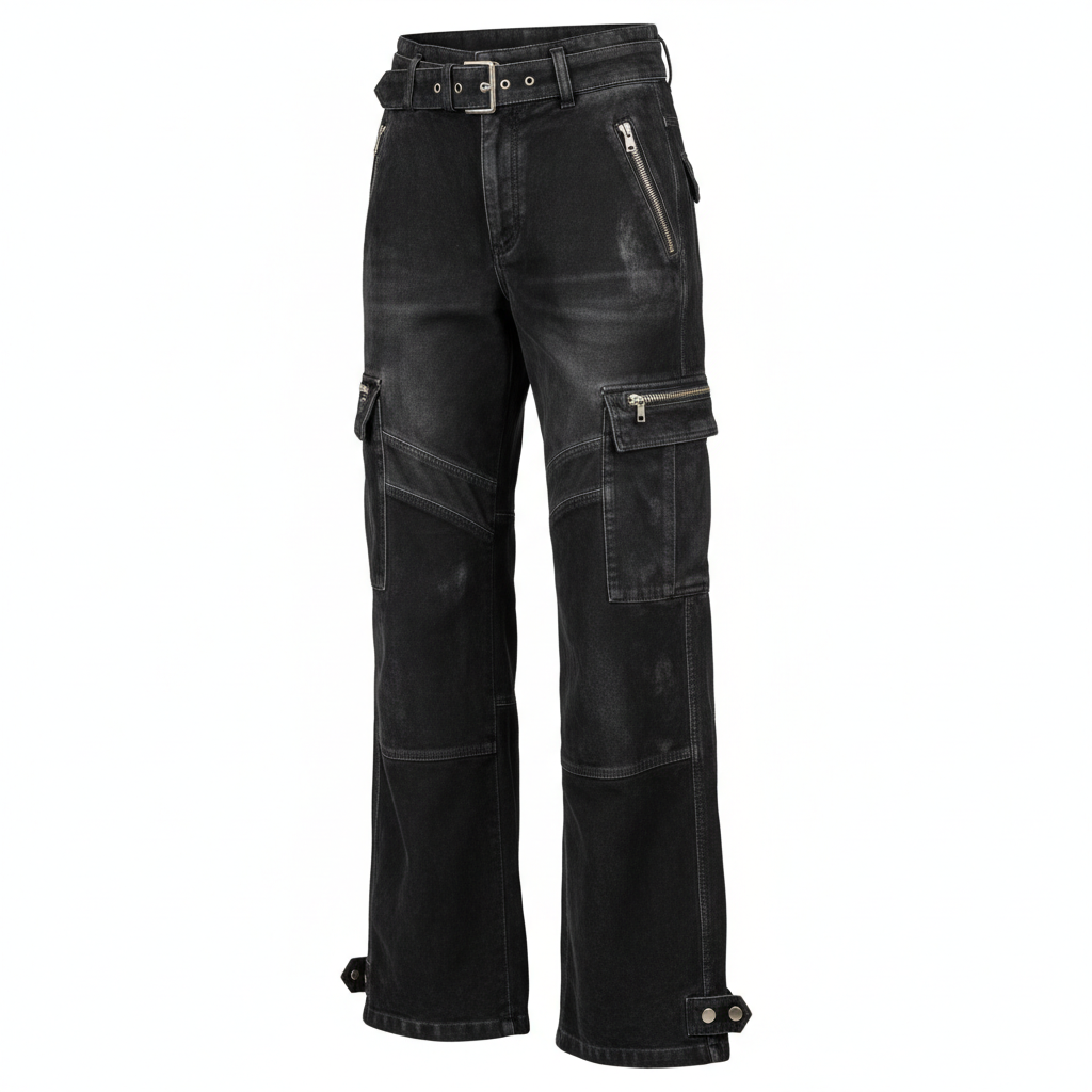 thesupersurf Black Denim Cargo Pants with Zipper Pockets 