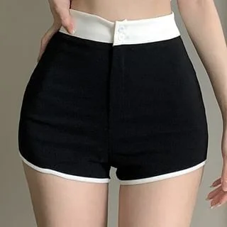 / High Trim Contrast Short-Sleeve Scoop Waist Pants Crop Hot Neck T-Shirt Plain