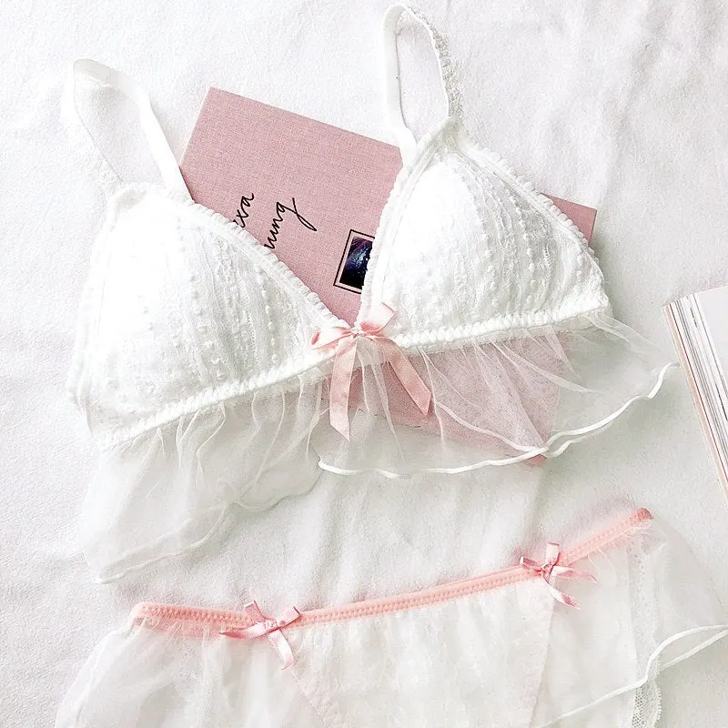 Wriufred Women Ruffles Bra Sets Mesh Embroidered Lace Padded Soft Cup Plus Size Lingerie Set Bralette Wire Free Underwear Sets