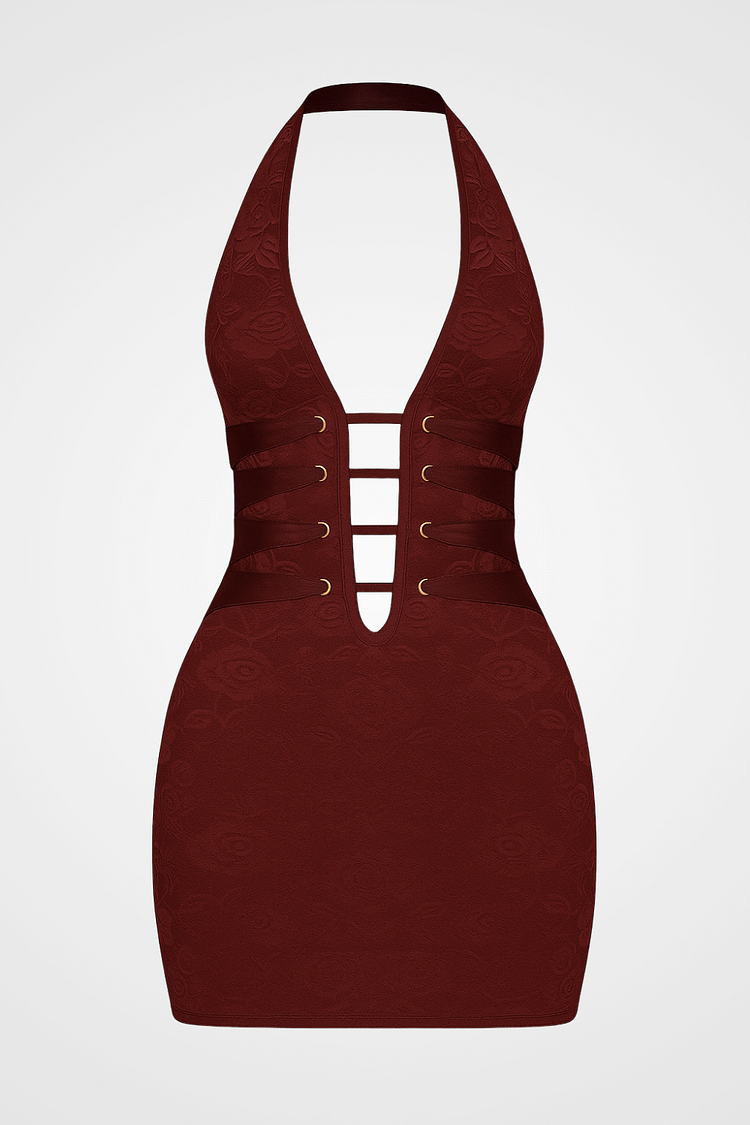 Deep V Neck Jacquard Lace Bodycon Halter Mini Dresses-Burgundy