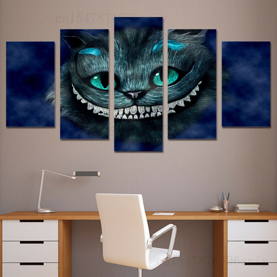 5 Pieces Cheshire cat at Night in Movie Canvas Wall Art Painting Poster Pictures HD Print Room Decor Paintings 5 Panel No Framed