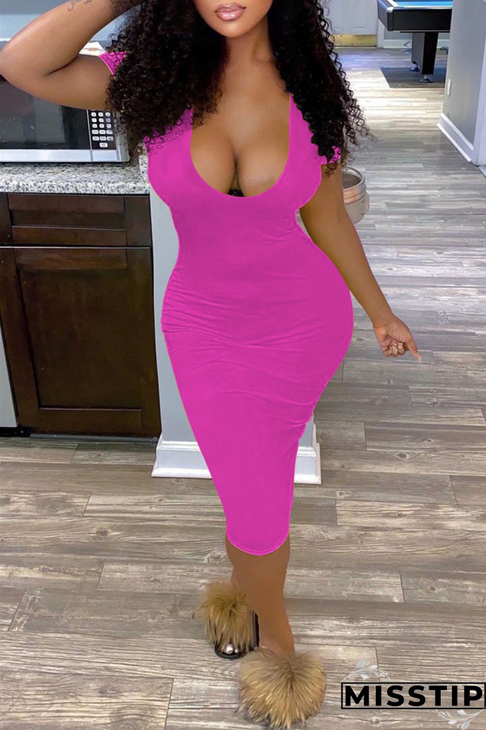 Orange Fashion Sexy Solid Basic V Neck Short Sleeve Dress