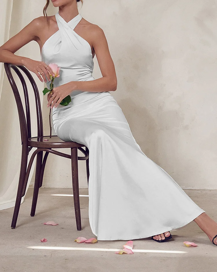 Solid Color Halter Neck Sexy Long Dress