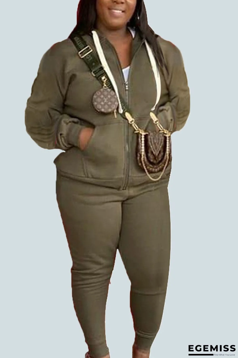 Army Green Sportswear Solid Patchwork Hooded Collar Plus Size Two Pieces | EGEMISS