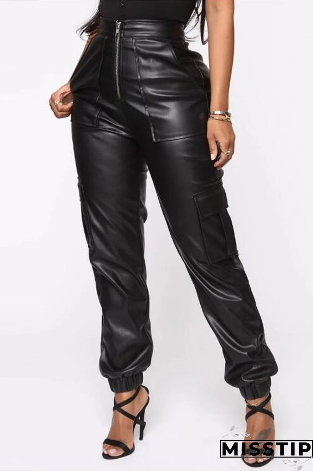 Black PU Zipper Fly Mid Zippered Solid Straight Pants Pants