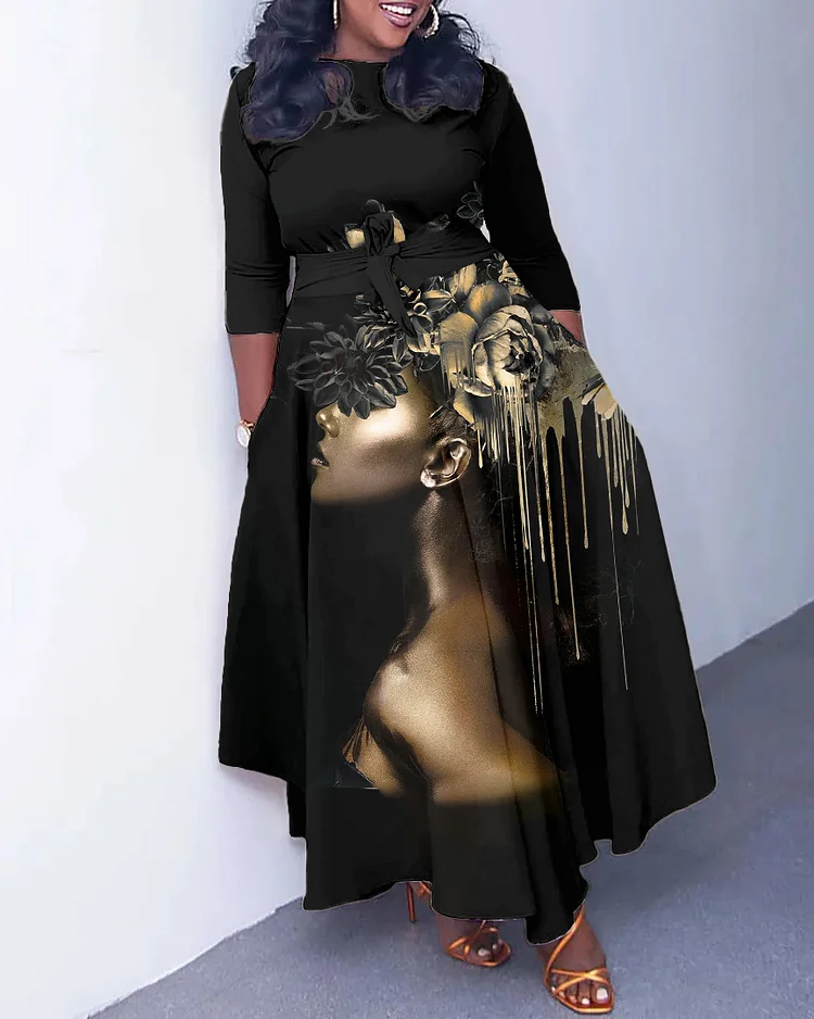 Golden Rose Girl Art Long Sleeve Pockets Maxi Dress