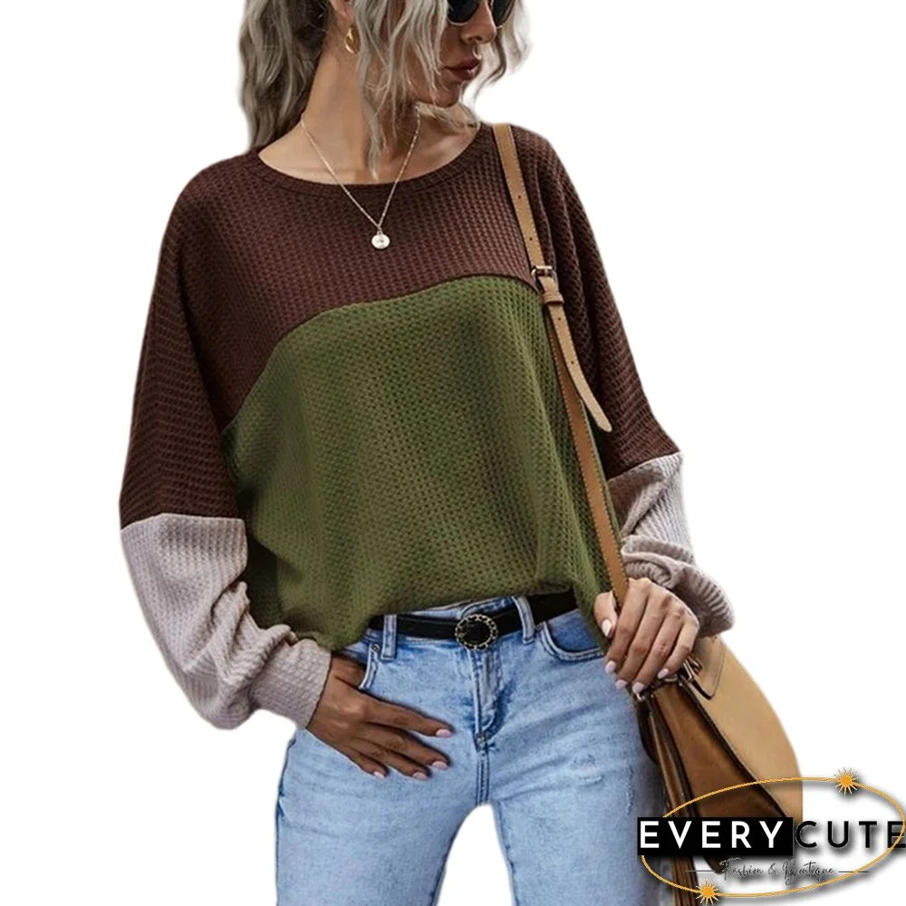 Army Green Contrast Waffle Long Sleeve Tops