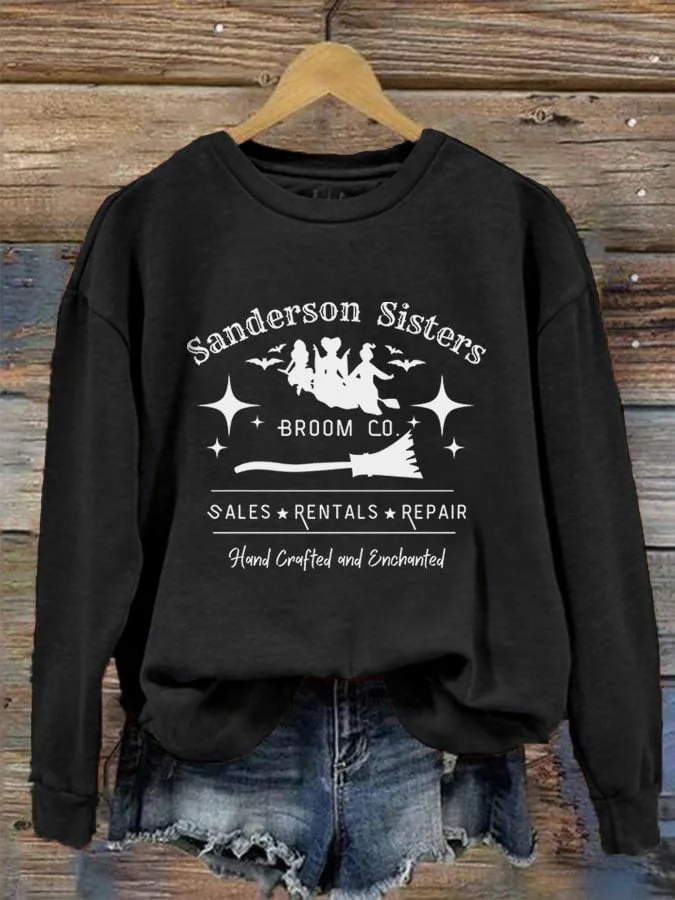 Women's Halloween Broom Sanderson Sisters Sales Rentals Repair Hand Crafted And Enhanted Print Crew Neck Sweatshirt