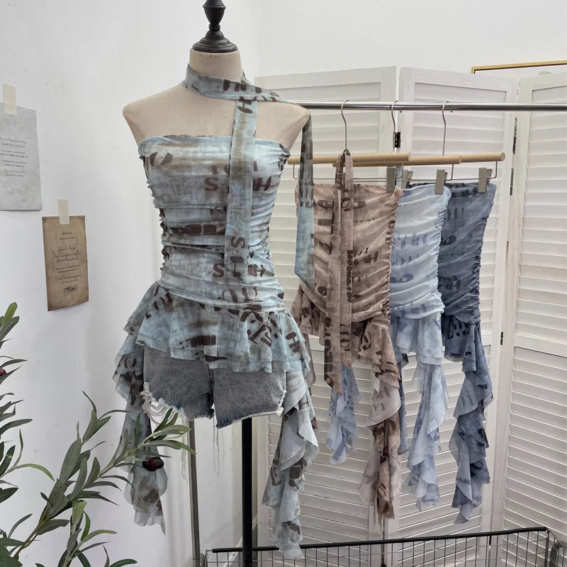 Nigikala Nigikala Shooting Spice Girls Irregular Lotus Leaf Side Ribbon With Non-Slip Strip Mesh Printing Chest Vest 8037