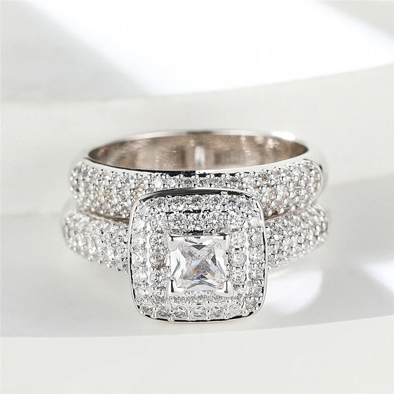 Luxury Female White Stone Set Ring Classic Silver Color Engagement Ring Crystal Wedding Rings For Women
