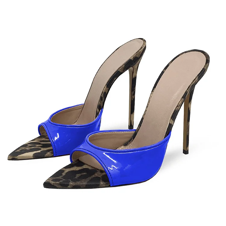 Blue Patent Leather Front Belt Stiletto Heel Animal Print Mules Shoes |FSJ Shoes