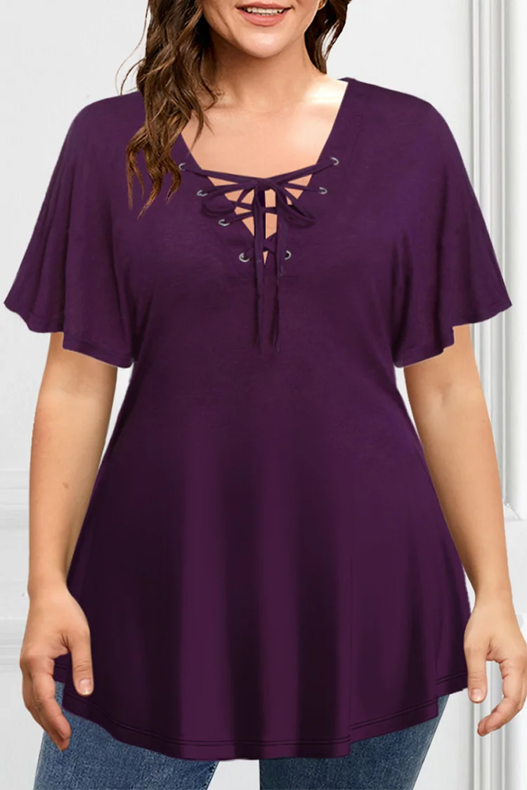 Flycurvy Plus Size Casual Dark Purple Ruffle Sleeve Lace-Up Tunic Blouse  Flycurvy [product_label]