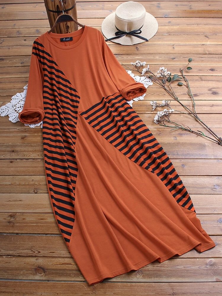 Casual Stripe Stitching Printing Long Sleeve Dress