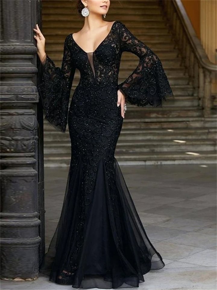 Women's Party Dress Lace Dress Black Dress Long Dress Maxi Dress Black Long Sleeve Pure Color Lace Fall Spring Autumn V Neck Hot Party Winter Dress Evening Party 2022 S M L XL -vasmok