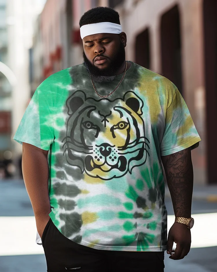 Men's Plus Size Street Tie Dye Tiger Graffiti Short Sleeve Crew Neck T-Shirt
