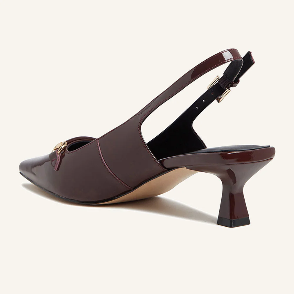 Maroon Patent Leather Pointed Toe Horsebit Decor Slingback Heels