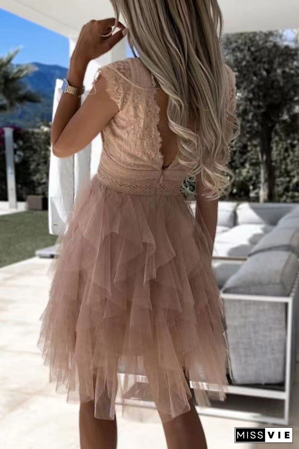 Sweet Elegant Solid Mesh V Neck Irregular Dress Dresses(3 Colors)