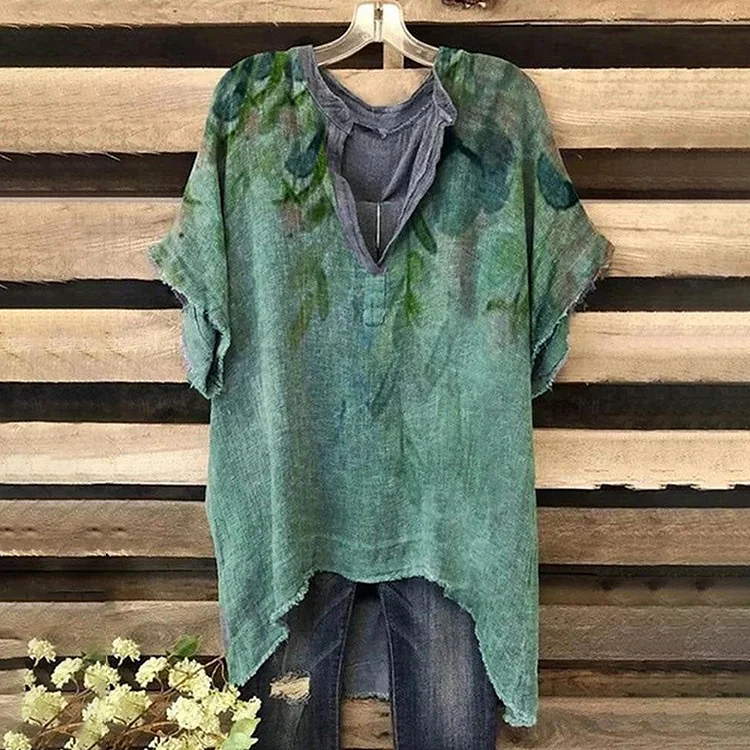 Vintage Floral Pattern V Neck Short Sleeved Shirt