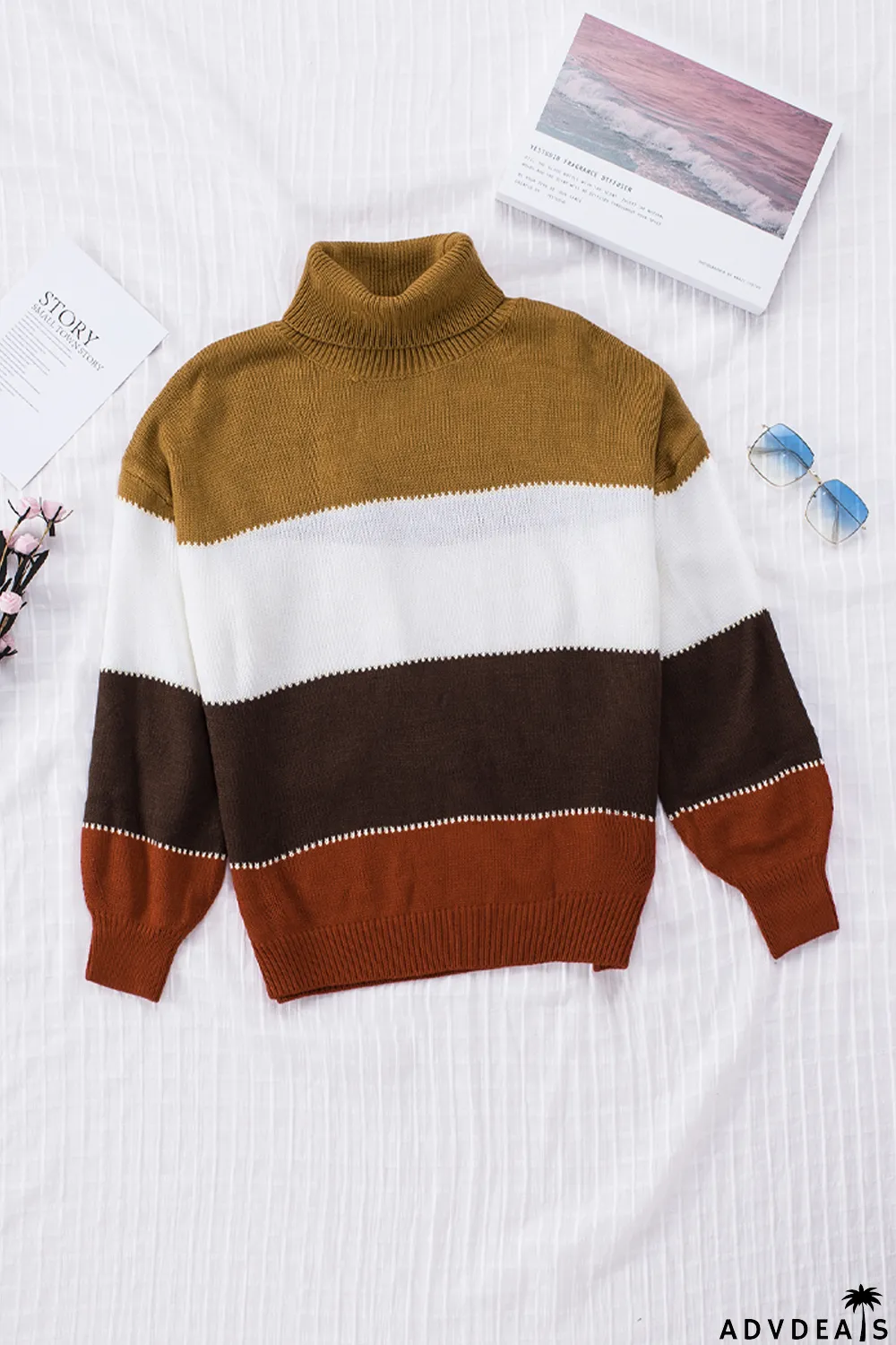 Orange Accent Color Block Turtleneck Chunky Knit Sweater