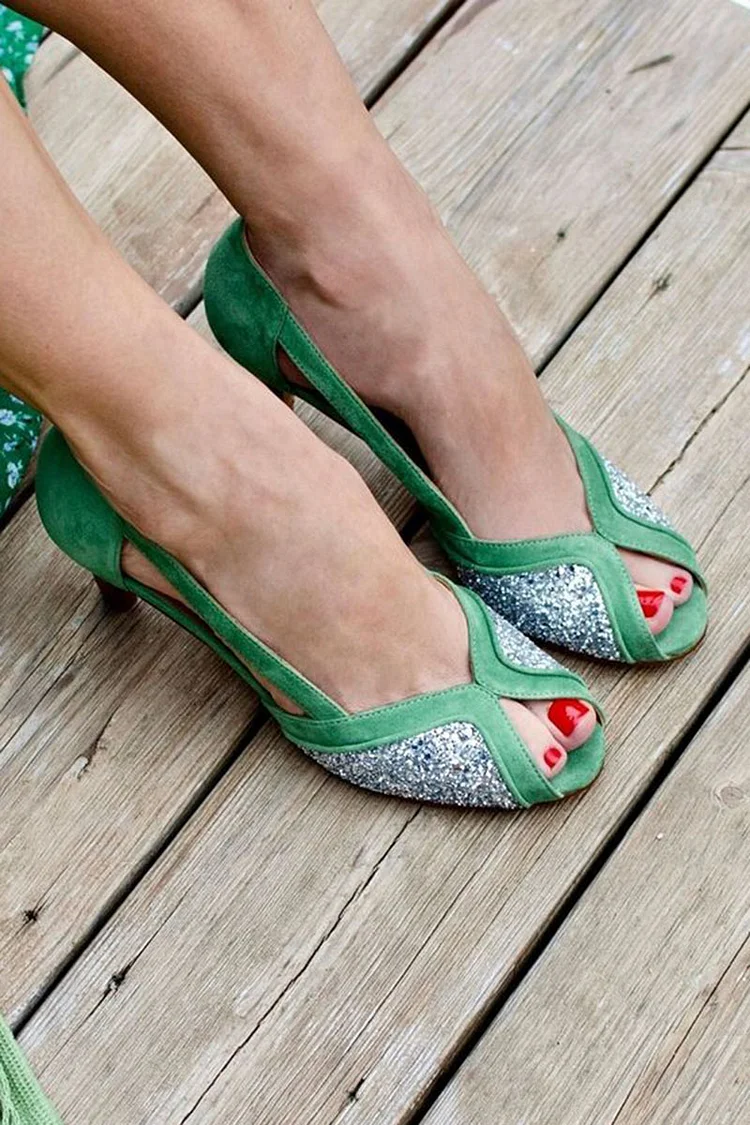 Patchwork Glitter Cutout Peep Toe Green Stiletto Heels [Pre Order]