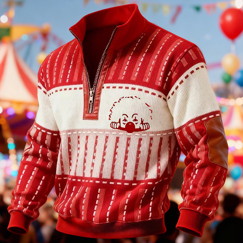 Men's Retro Clown Striped Color Block Print Turtleneck Zipper Sweatshirt elevenforest