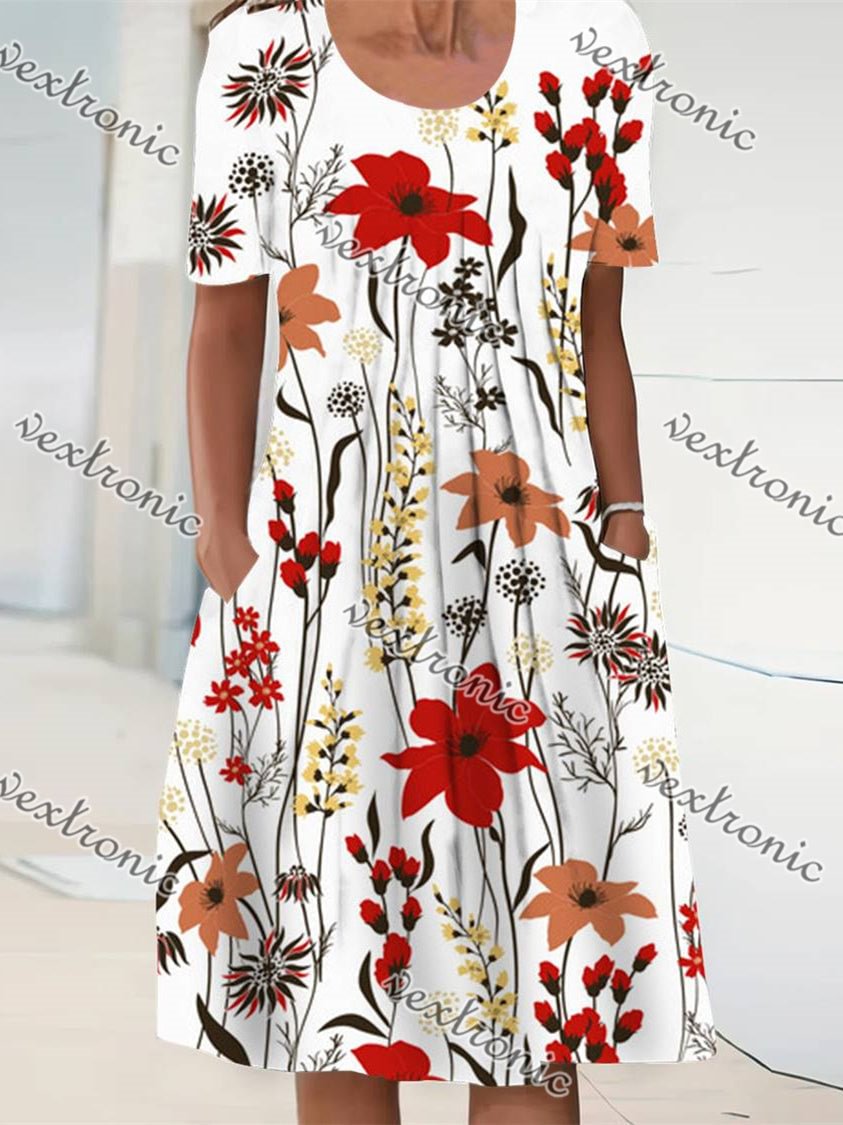 Women Short Sleeve Scoop Neck Floral Printed Stitching Pockets Midi Dress