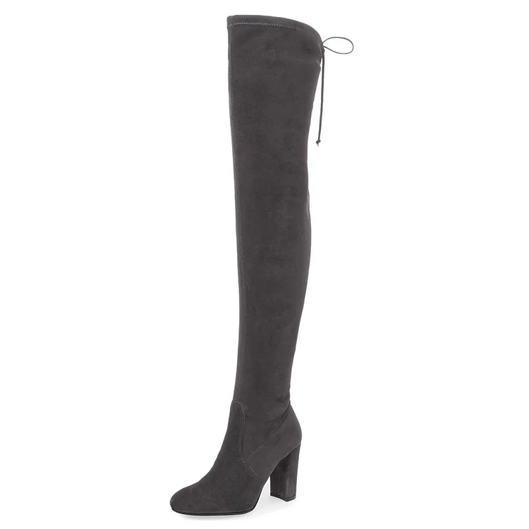 Dark Grey Suede Long Boots Chunky Heel Thigh-high Boots for Women |FSJ Shoes