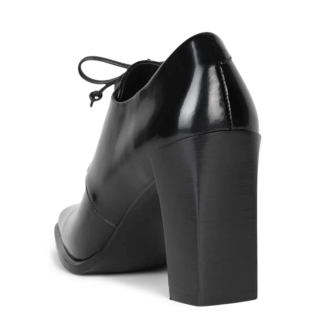 Black Patent Leather Tie-Up Block Heel Square Toe Oxford Shoes Women