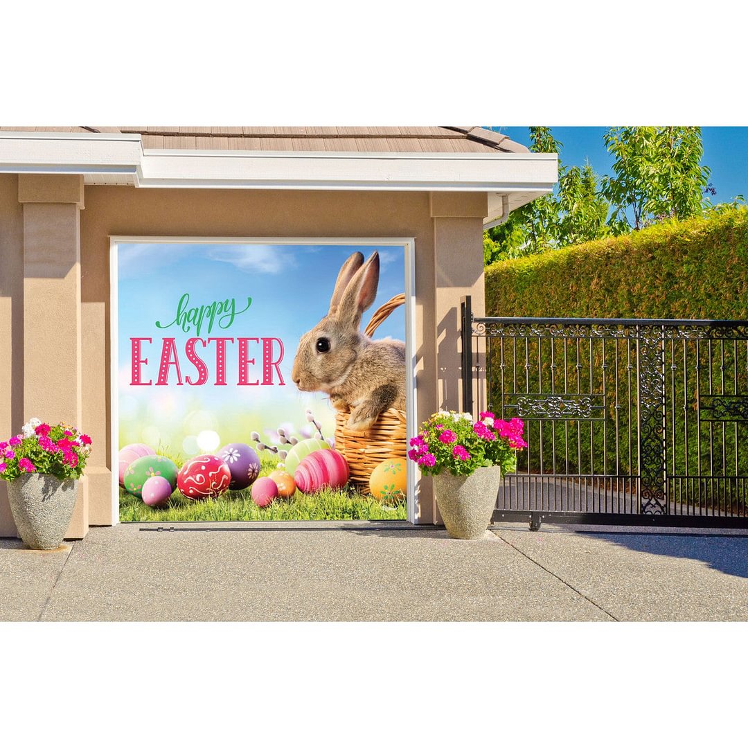 Blue and Pink Rabbit Easter Single Car Garage Door Banner
