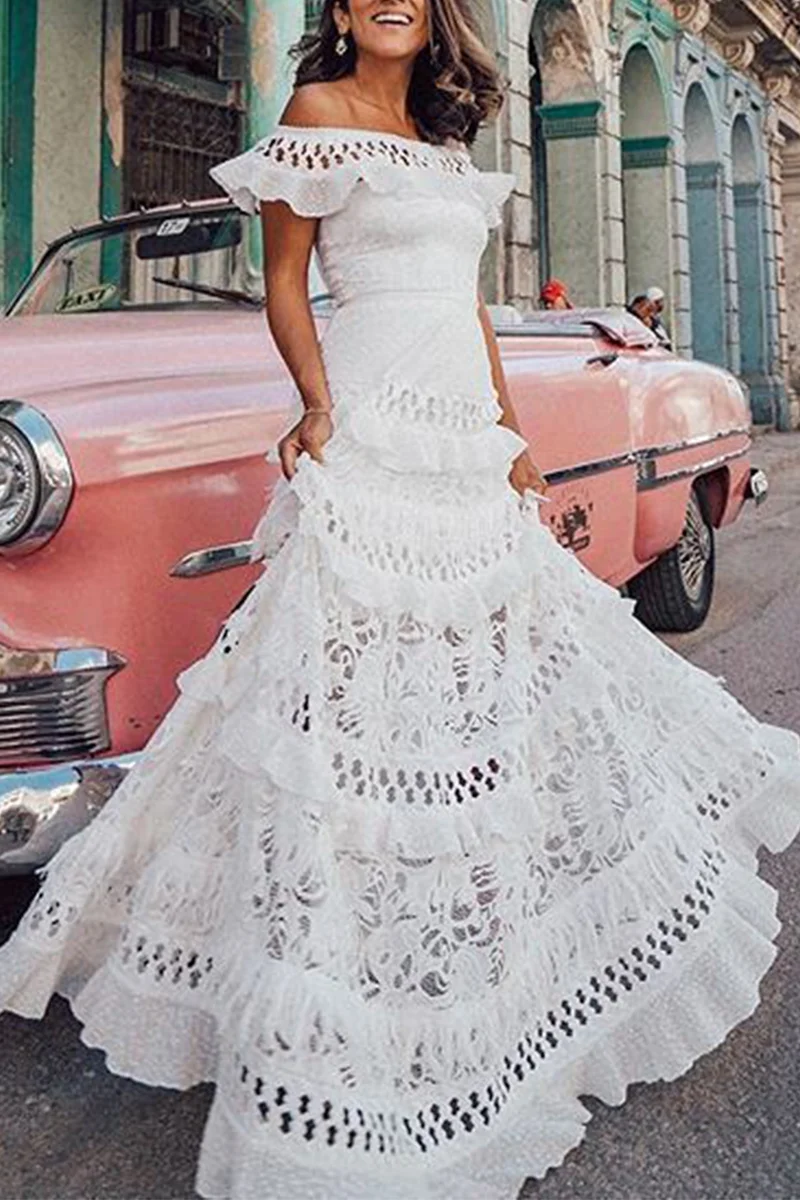 White Celebrities Elegant Solid Lace Hollowed Out Without Belt Off the Shoulder A Line Dresses
