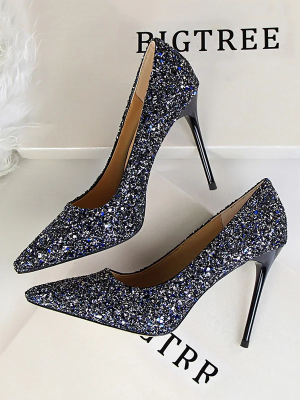 Pointed-Toe Sequined Shallow Cut Pumps