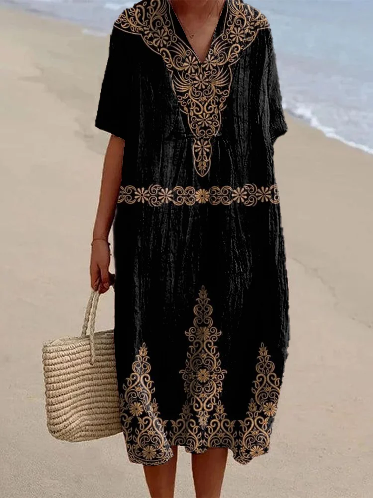 Ethnic Floral Pattern Women's Linen Maxi Dress