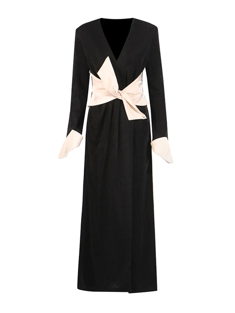 Brownm Famous Wind Dress Women 2025 Spring New Temperament Elegant Fashion Collage Collage Bow V-Neck Dress