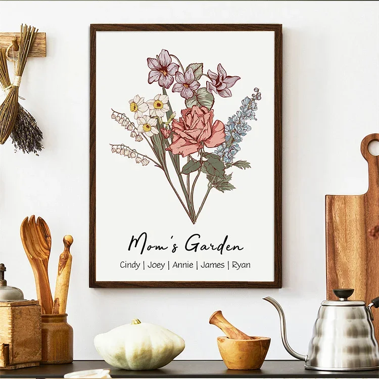 Mom's Garden Family Gift Personalized Birth Flower Family Bouquet Names Frame