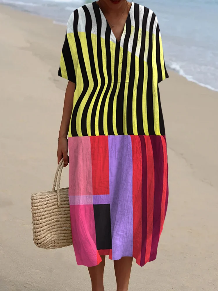 Retro Abstract Color Block Art Print V-Neck Midi Dress