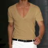 Men's Basic White Deep V-Neck Cotton Short Sleeve T-Shirt by Inlyline