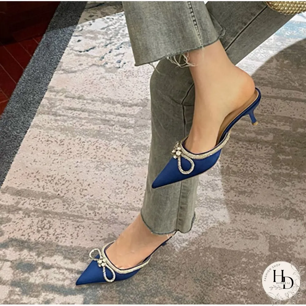 Rhinestones Bowknot For Women Sexy Buckle Strap Ladies High Heel Pumps Pointed Toe Silk