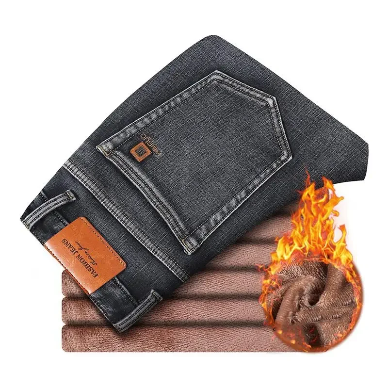 Gersit 2024 New Men's Warm Fleece Jeans Classic Style High Quality Cotton Slim Fit Denim Stretch Trousers Dark Grey Brand Pants