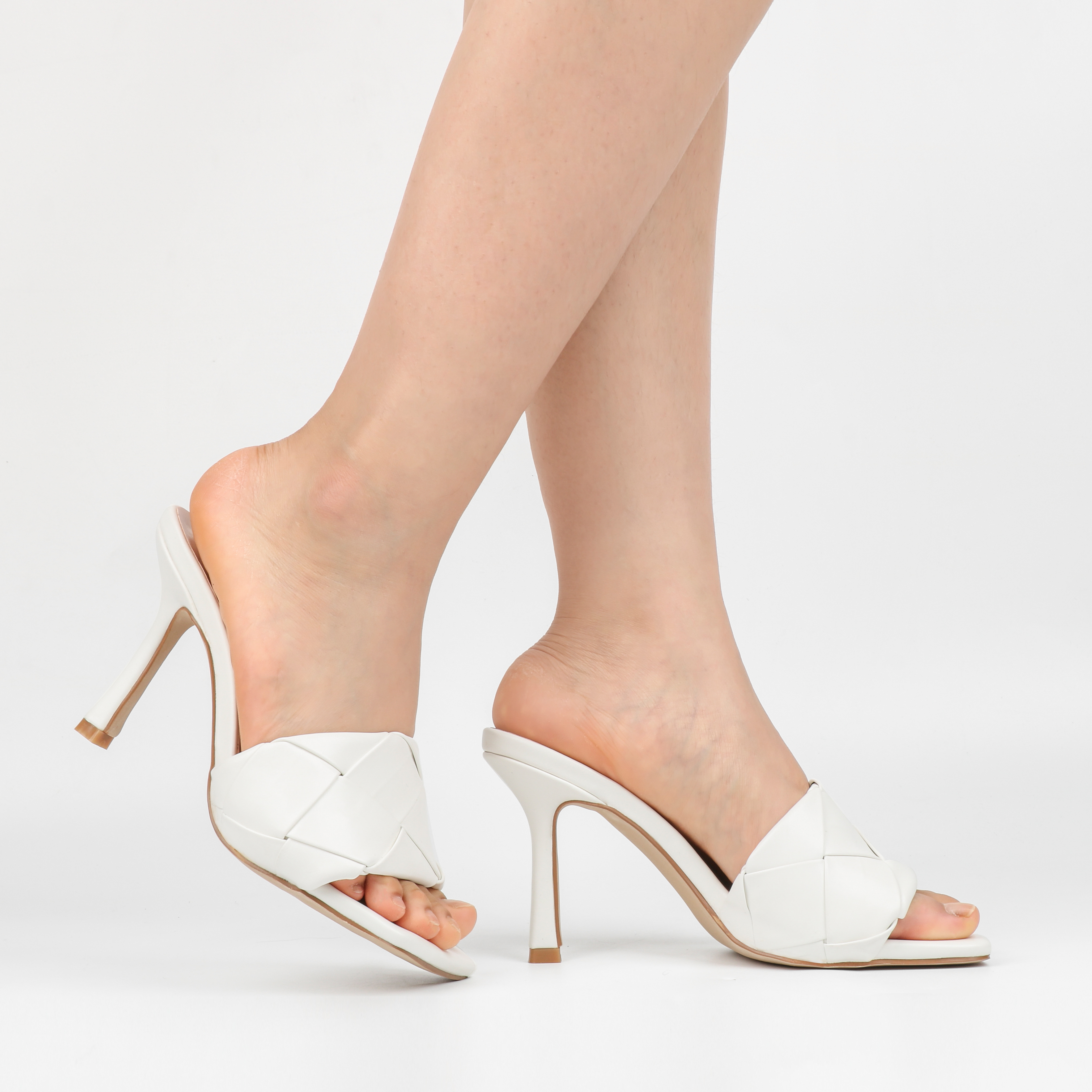 90mm Women's Square Open Toe Sandals Stiletto Heeled Woven Mule Sandals Quilted Backless Classic Daily Slippers-vocosishoes