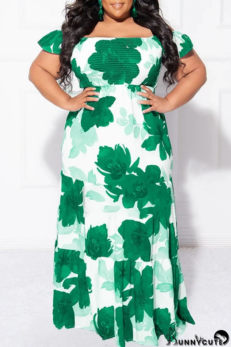 Green Casual Print Patchwork Off the Shoulder Long Dress Plus Size Dresses