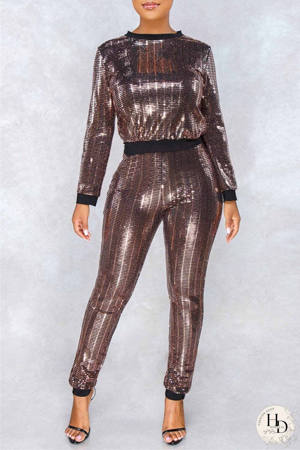 Brown Fashion Casual Patchwork Sequins O Neck Long Sleeve Two Pieces