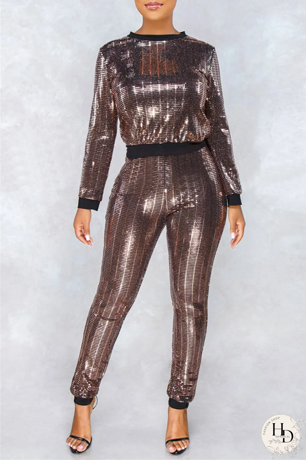 Brown Fashion Casual Patchwork Sequins O Neck Long Sleeve Two Pieces