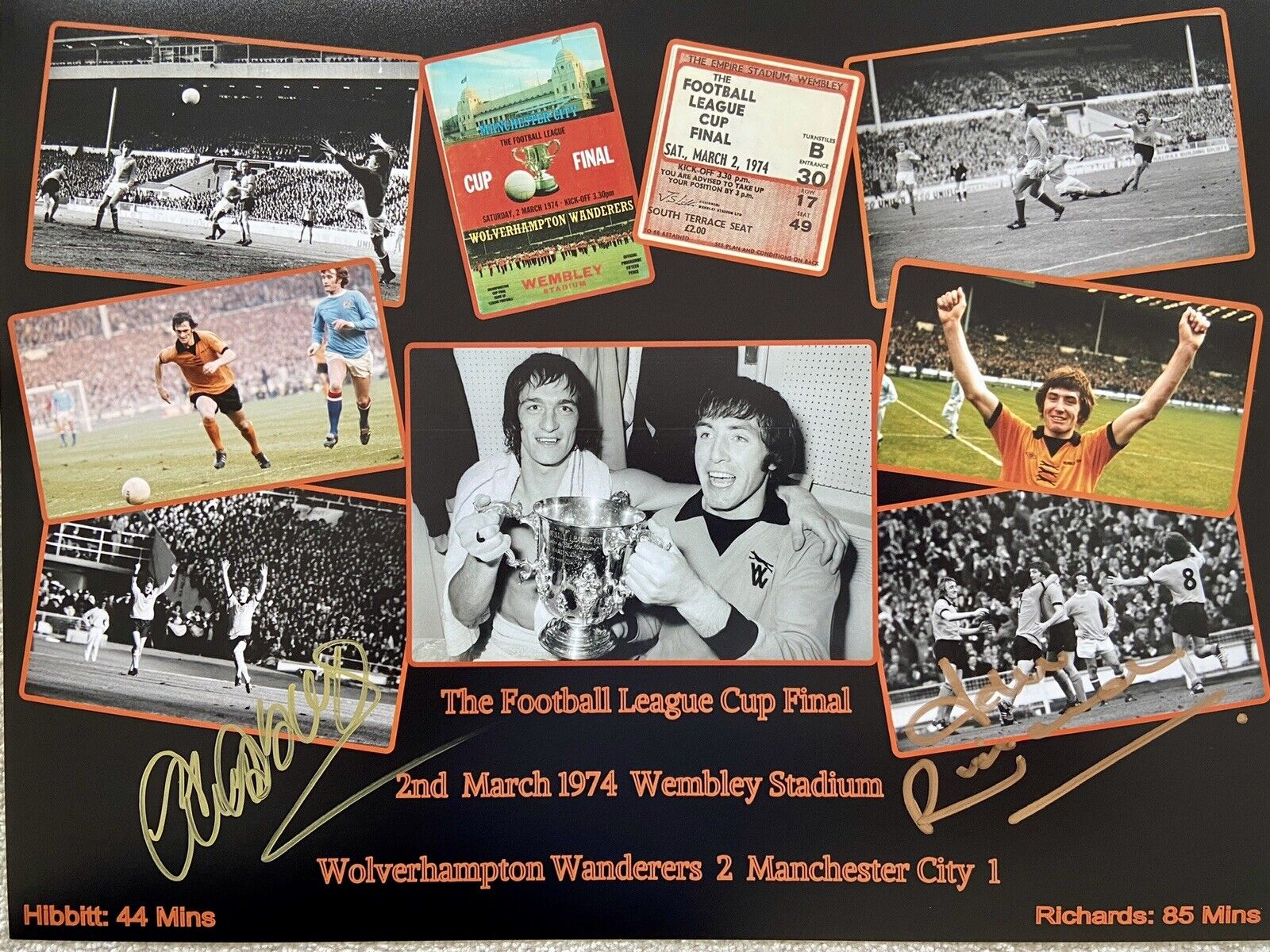 JOHN RICHARDS @ KENNY HIBBITT Signed Photo Poster painting Wolves 1974 League Cup Final AFTAL