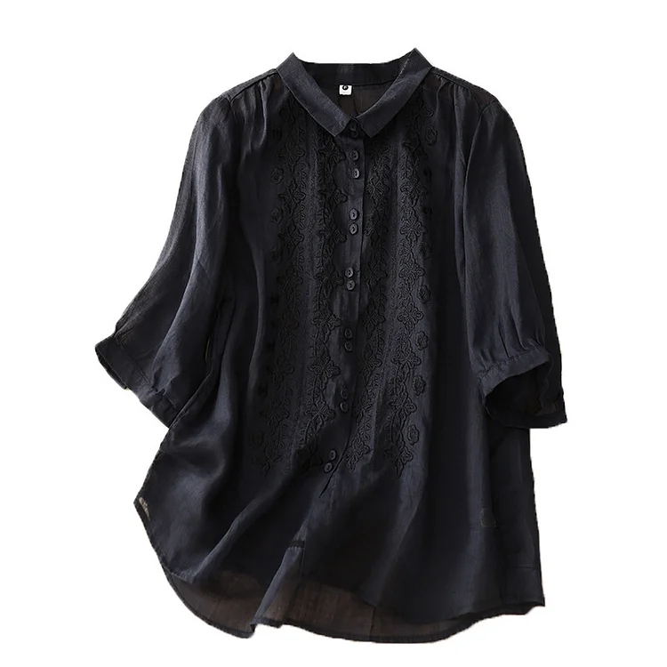 Solid Color Lapel Three-Quarter Sleeve Embroidery Retro Blouse