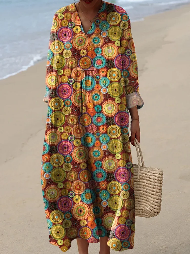 Retro Geometric Circle Pattern Printed Women's Flowy Dress